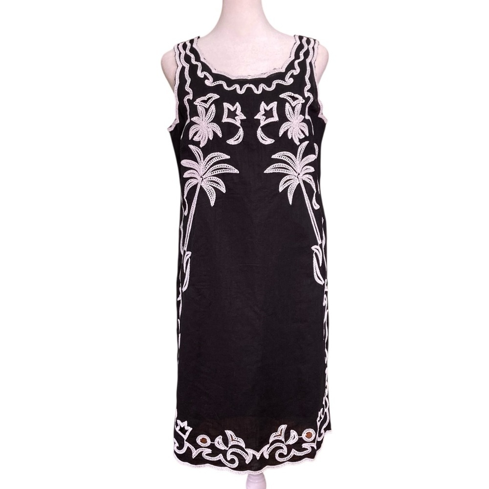 Talbots Embroidered Linen Cotton Shift Dress Black White Lined Beachy (Size 2)